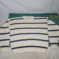 Murrays Toggery Shop Knit Fisherman Sweater Mens XL White Blue Striped Ribbed