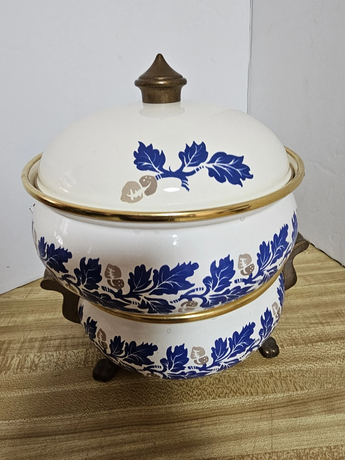 Vtg ASTA Katja Blue Acorn Oak Leaf Enamel Pot Food Warmer Germany Fissler EUC