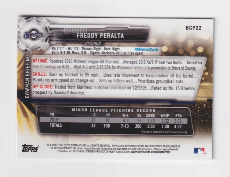 2017 Bowman Chrome Mini BCP22 FREDDY PERALTA RC Rookie 1ST BOWMAN QTY AVAILABLE - Image 4 of 4