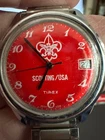 Rare 1978 Timex red dial Marlin "Boy" Scouting USA, calendar wristwatch, running