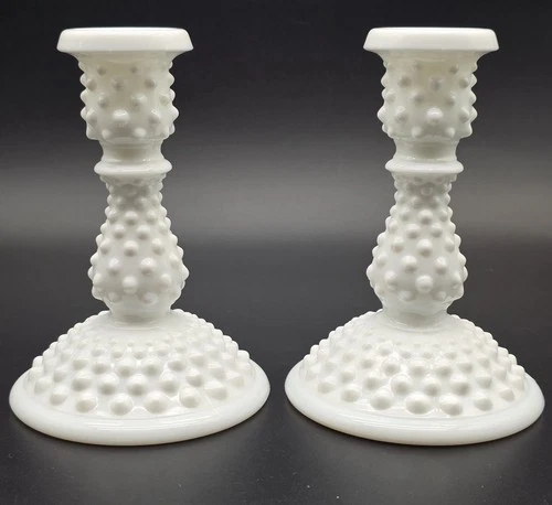 Vintage Fenton Hobnail White Milk Glass 6 Inch Candlestick Holders