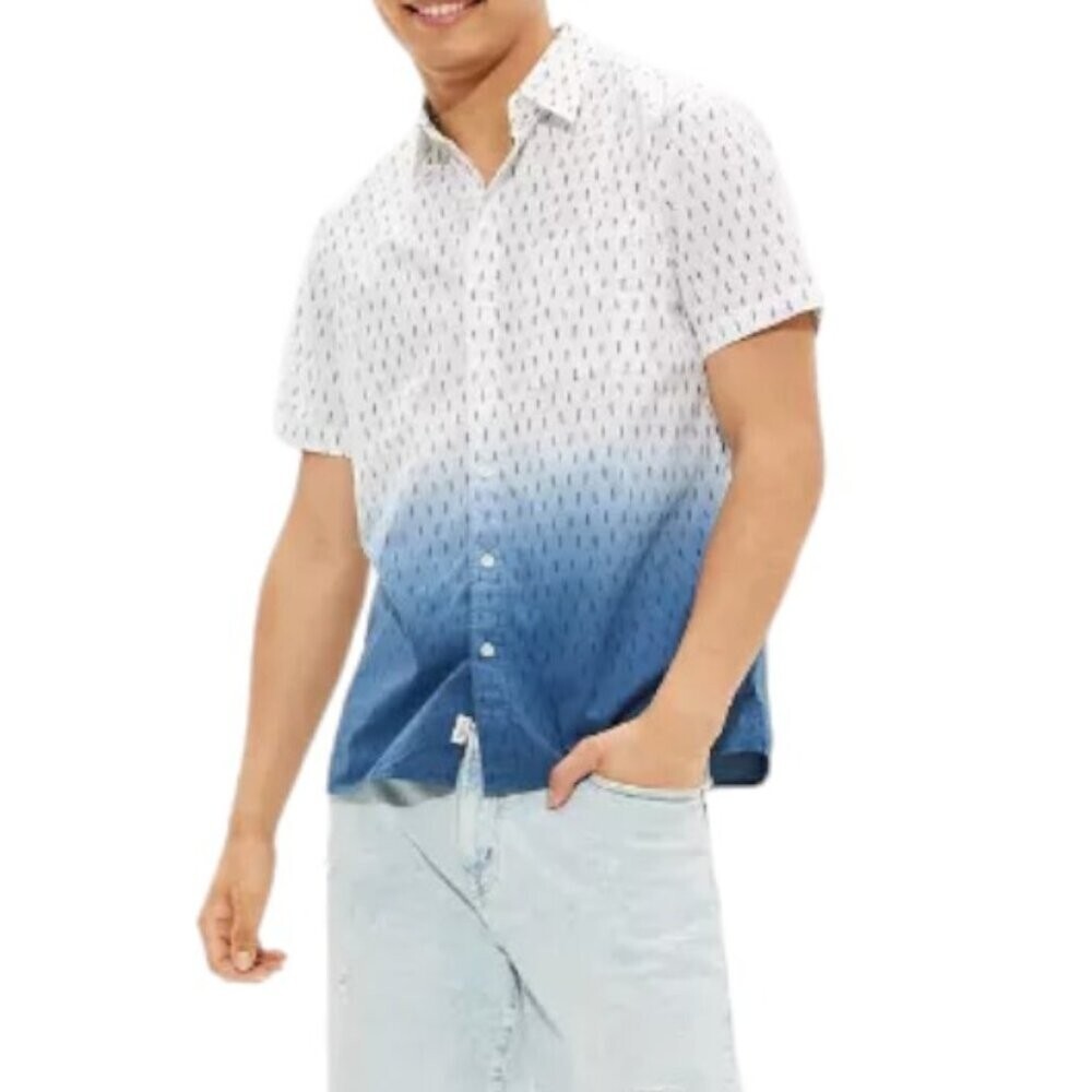 American Eagle Men's L Flex Dip-Dye Blue White Button-Up Shirt