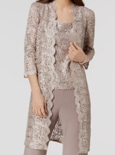 R M Richards Women Beige Sequined Lace 2-Piece Tank Top Jacket Set Size 6