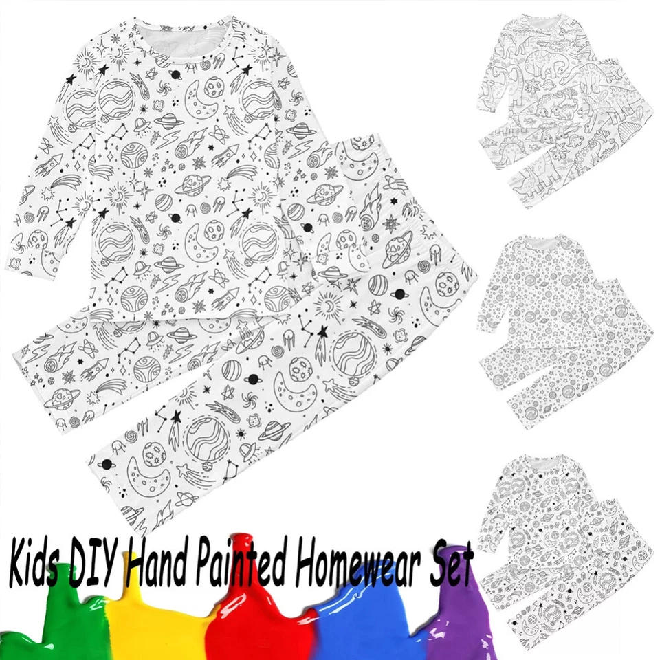 Kids Pajamas Set Coloring DIY Sleepwear Nightwear Boys Girls Cotton Shirt Pants - image 2 of 4