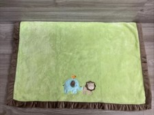 Carter's Cozy Baby Blanket Green Brown Trim Embroidered Elephant Lion 2013
