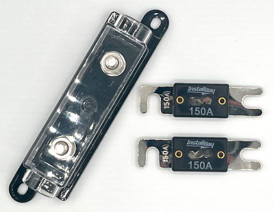 Two 150A ANL Amp INSTALL BAY Nickel Plated Fuses & One Bolt Down Holder Boat Kit