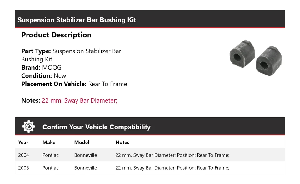 Kit de buje de barra estabilizadora de suspensión MOOG para Pontiac Bonneville 2004-2005 Foto 2 de 3