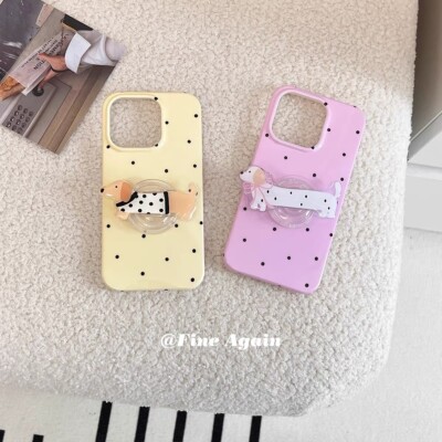 polka dot iphone16 case with cute dachshund design expanding kickstand