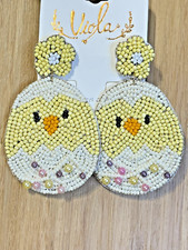 Easter Earrings Seed Bead Dangle Drop Chick Popping Out of Egg with Pearls