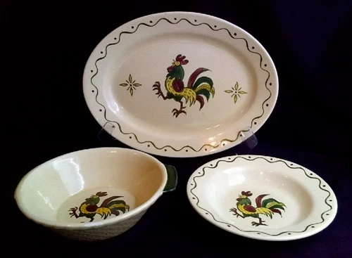 Metlox Poppytrail California Provincial Green Rooster Serving Bowls and Platter