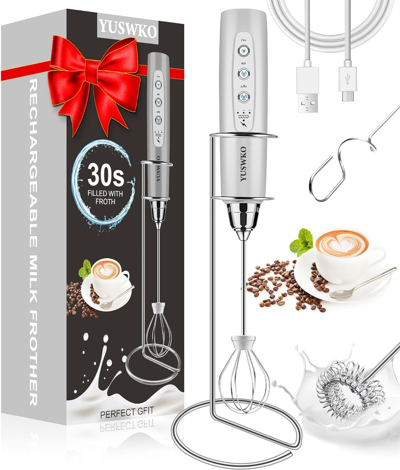 Milk Frother Handheld for Coffee with Stand, Rechargeable Drink Mixer with 3 ...