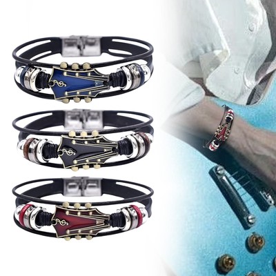 Retro Faux Leather Guitar Bracelet Unique Wristband With Stainless Rock Jewelry