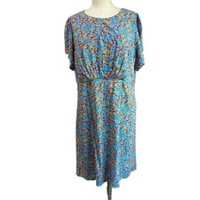 Loft Plus Size Blue Multicolor Floral Short Sleeve Dress with Back Tie Size 14 