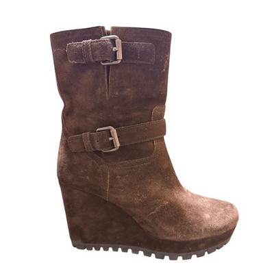 Prada Sport Brown Suede Double Buckle Wedge Lug Sole Mid Calf Moto Boots 37.5