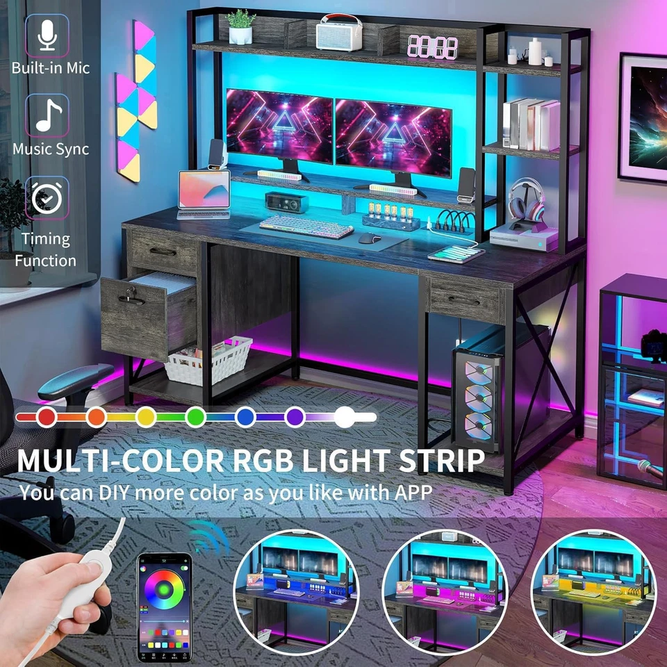 Escritorio de Ordenador con Funda y Cajones, Escritorio de Oficina 59" con Tomas de Corriente, Gaming D Foto 4 de 4