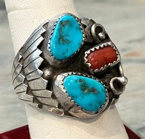 Vintage Native American Men's Biker Turquoise Coral Sterling Ring - Size 11 3/4