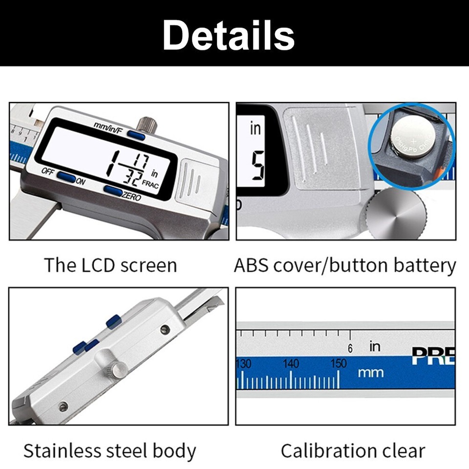 Digital Display Vernier Caliper 150mm Fraction/MM/Inch Stainless Steel ...