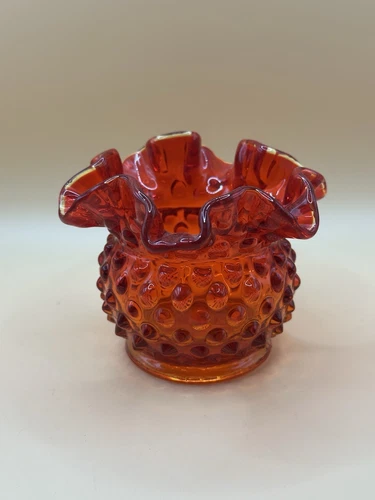 Vintage Fenton Red Small Rose Bowl Ruffle Crimp Edge Hobnail Glass  Vase