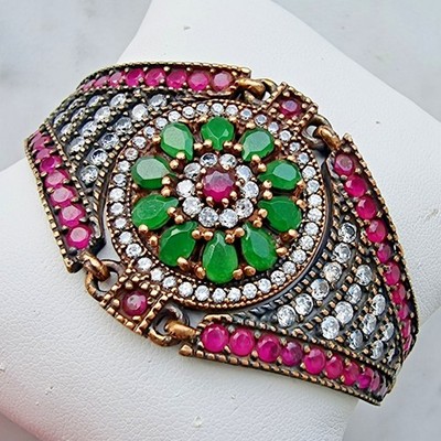 VINTAGE TÜRKISCHER STIL 925 STERLINGSILBER SMARAGD UND ROSA RUBIN ARMBAND 6,5 g AT