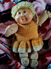 Soft Body Baby Girl Doll Vinyl Face Blue Eyes Blonde Curly Yarn Hair Dress