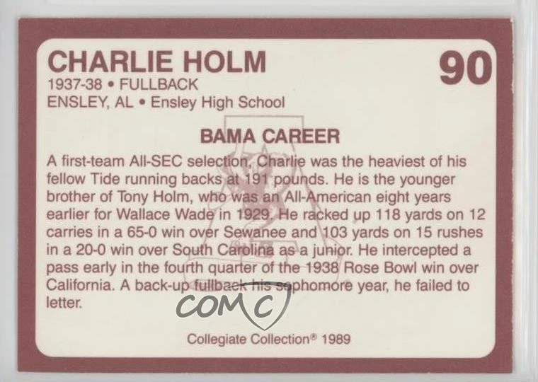 1989 Collegiate Collection Alabama Crimson Tide Charlie Holm #90 - Image 2 of 2