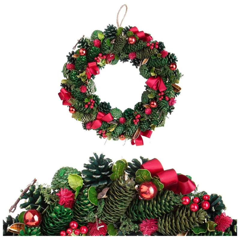 Corona Natalizia Porta BRANDANI Pigne Fiocchi Rossi Bacche Ghirlanda Natale, fotografia 9 di 9
