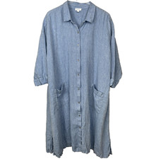 Pure Jill Linen Shirt Dress Womens 2X Blue Collared Button Midi Lagenlook Boho