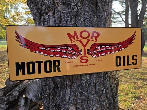 RARE VINTAGE MORVIS MOTOR OILS PORCELAIN SIGN 35" X 12"