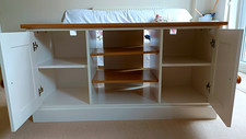 White & Brown Wooden TV Stand, Fully Assembled, 2 Hinged Doors, 2 Shelves
