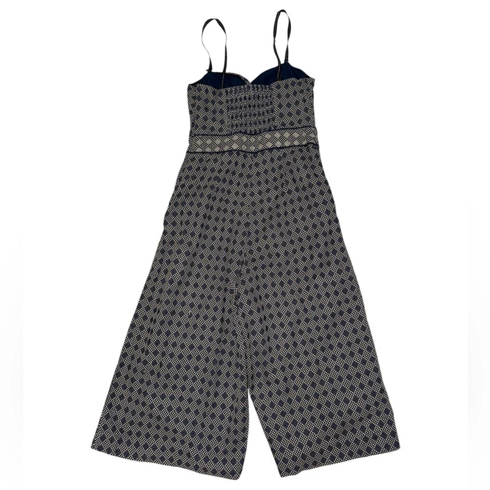 Elevenses Anthropologie bohemian geometric blue tan jumpsuit women’s size 4 - Изображение 2 из 4