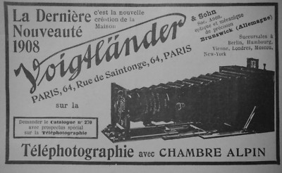 PRESSEWERBUNG 1908 VOIGTLÄNDER TELEFOTOGRAFIE ALPENKAMMER -ADVERTISING