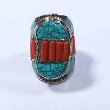 Ethnic Coral Turquoise stone Tibetan multistone bohemian Unique ring Size 8