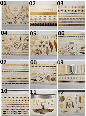 12 Sheet Temporary Gold Silver Style Black Flash Tattoos Celebrity Jewelry