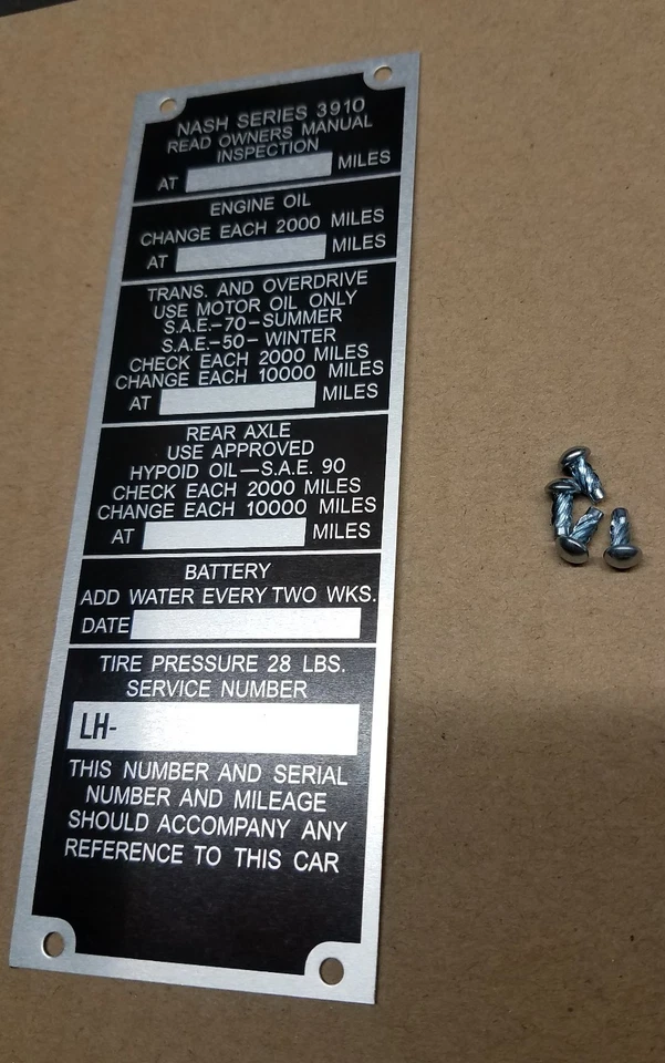 Nash LaFayette 1939 serie 3910 serie # etiqueta de inspección reproducción exacta NORS Foto 4 de 4