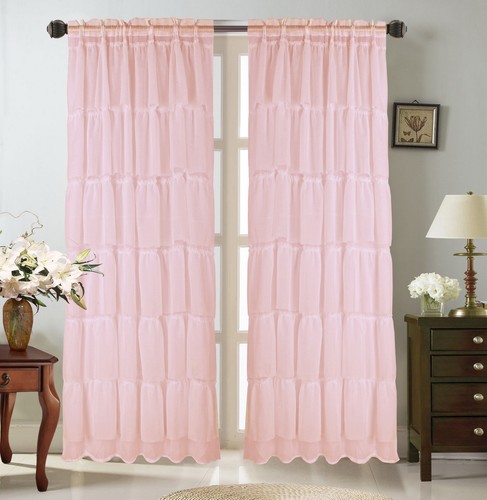 2PC SOLID ROD POCKET TOP VOILE SHEER WINDOW CURTAIN PANEL WITH RUFFLES MODERN - Picture 4 of 9