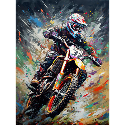 Motocross Rennen Action Shot Paint Splat Portrait Kunst Leinwand Bild Druck 18X24