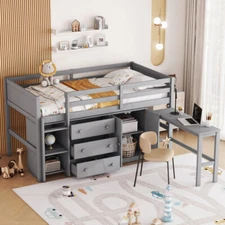 Twin Size Low Loft Bed Frame With Pull-Out Desk, Drawers, Cabinet, and Shelves