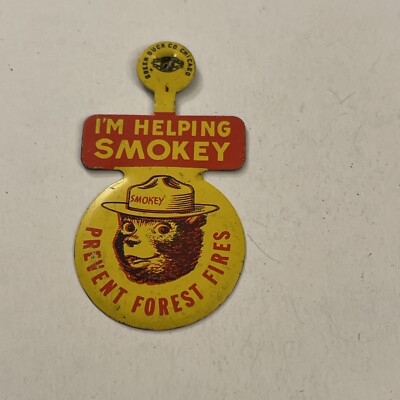 Vintage Smokey The Bear Prevent Forest Fires Tab Button  AV1E