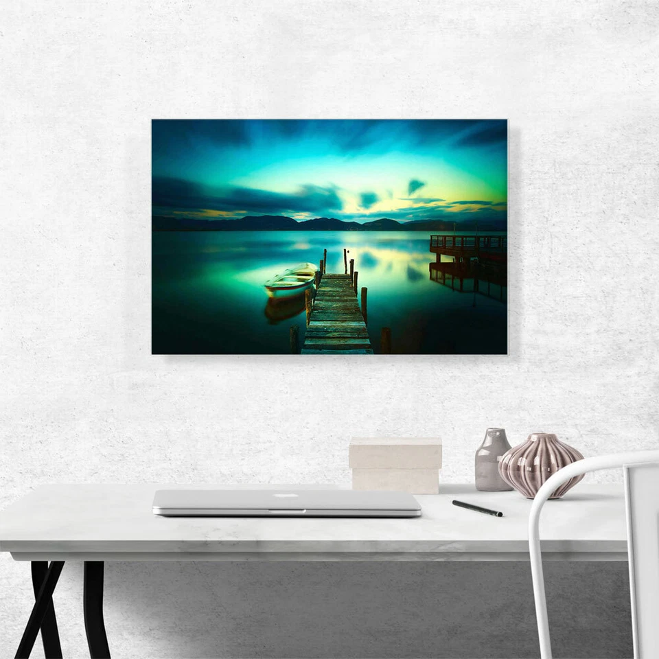 Lienzo de madera muelle lago Toscana Italia verde puesta de sol lienzo impresión artística Foto 2 de 4