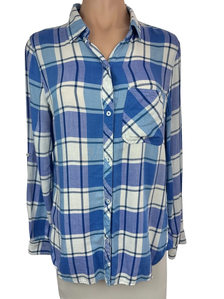 Kenneth Cole Reaction Women Blouse Sz M Blue & White Plaid Button-Up Long Sleeve - Image 2 of 4
