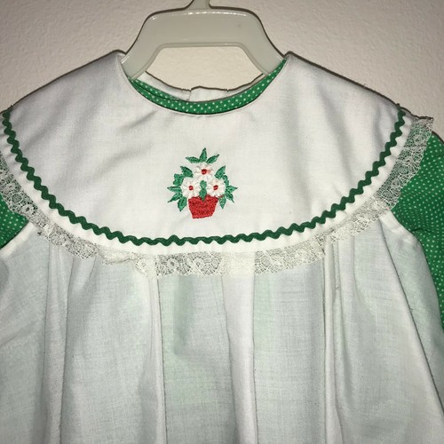 Vintage Pinafore Dress Green Polka Dot White Rick Rack Lace Flower Pot 12-24 Mo - Picture 2 of 12