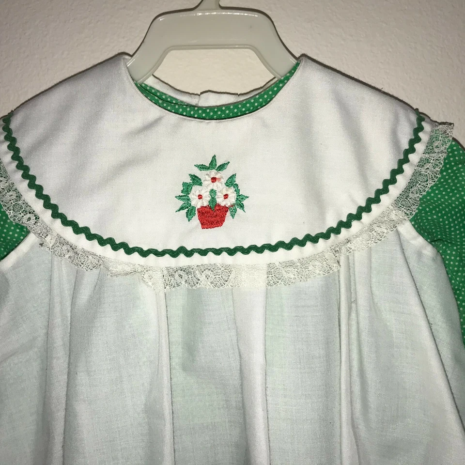 Vestido Delantal Vintage Verde Lunares Blanco Rick Rack Encaje Maceta 12-24 Mo Foto 2 de 4