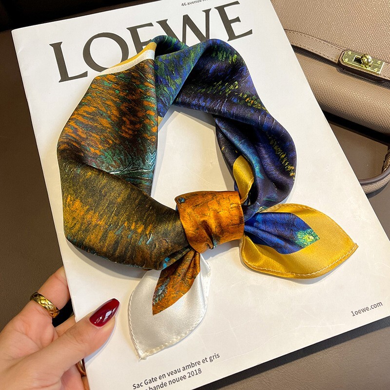 100% Silk Geometric Scarf for Women - Handmade Neckerchief Turban Wrap 53cm