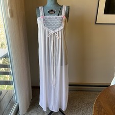 Vintage KATZ Long Nightgown Med Pink Polka Dot Nylon Gown Lace Panel And Straps