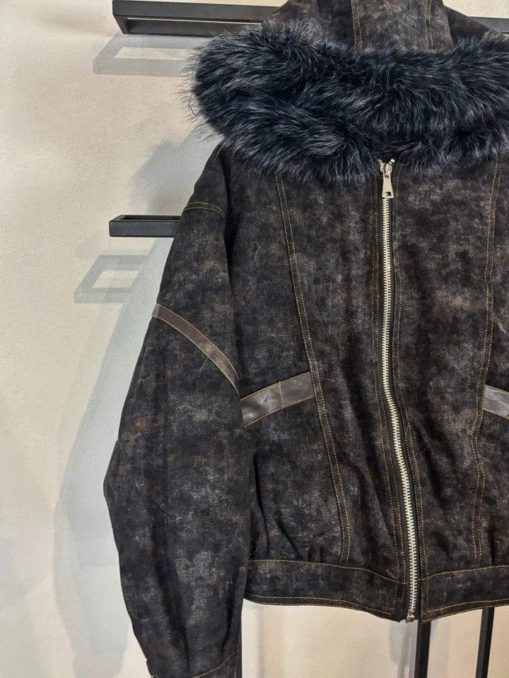 VTG AVANT GARDE JAPANESE HYSTERIC STYLE DENIM BOMBER FUR HOODED JACKET 90s Y2K - Image 2 of 4