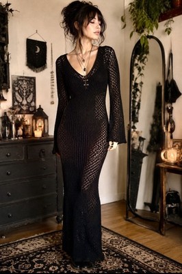 Black Crochet Knit Maxi Dress Bell Sleeve Witchy Boho Gothic Festival Dress Dark