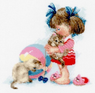 Stickpakung Riolis 1833  Kreuzstich Set 25x25cm Mädchen Und Katzen