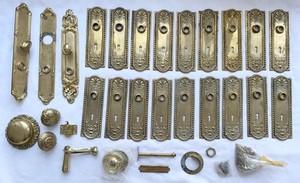 Large Lot Ornate Brass Door Backplates Knobs Escutcheons Reproductions