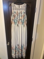 Skies Are Blue Women s Pleated Maxi Dress, Ivory, Floral Detailing, Size M