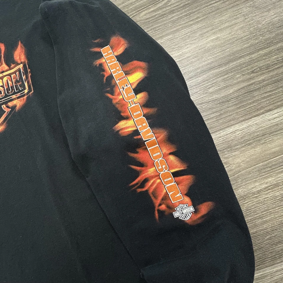 Vintage Harley-Davidson Shirt Mens 2XL Black Long Sleeve Flames Skater Y2K RARE - Image 3 of 4